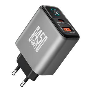 LOGIN 45W GaN Fast Charger | USB-C PD + USB-A QC Dual Port Wall Charger | Compact Fast Charging Adapter (EU Plug, Grey)