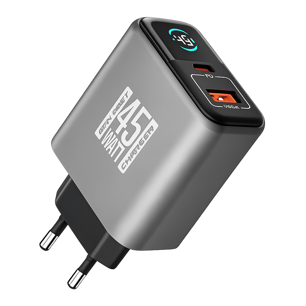 LOGIN 45W GaN Fast Charger | USB-C PD + USB-A QC Dual Port Wall Charger | Compact Fast Charging Adapter (EU Plug, Grey)