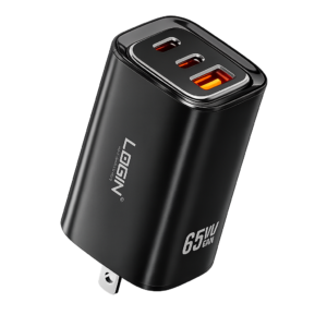 LOGIN 65W GaN Fast Charger | 2 USB-C + 1 USB-A Multi-Port PD & QC Wall Charger | Compact Fast Charging Adapter (Black)