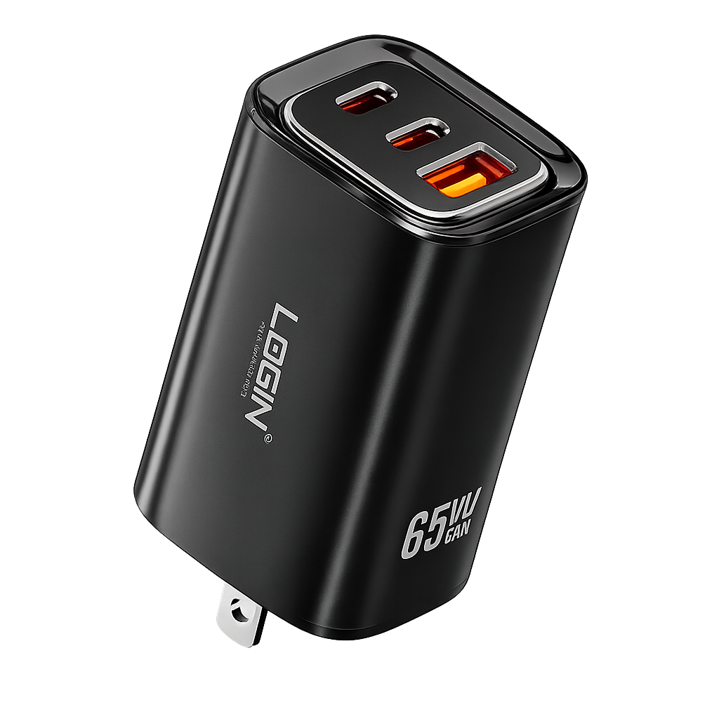 LOGIN 65W GaN Fast Charger | 2 USB-C + 1 USB-A Multi-Port PD & QC Wall Charger | Compact Fast Charging Adapter (Black)